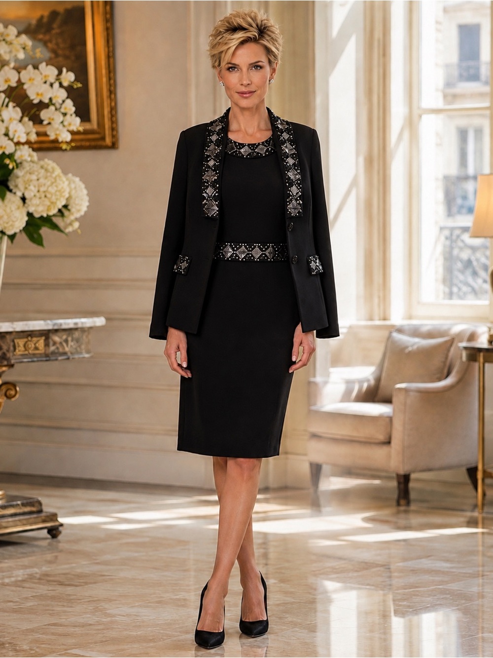 St. John Embellished Black & Crystal Jacket & Sheath Dress Suit Set - Size S / M